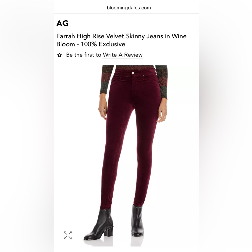 AG Adriano Goldschmied Farrah High Rise Skinny Velvet Pants Deep Wine 28R